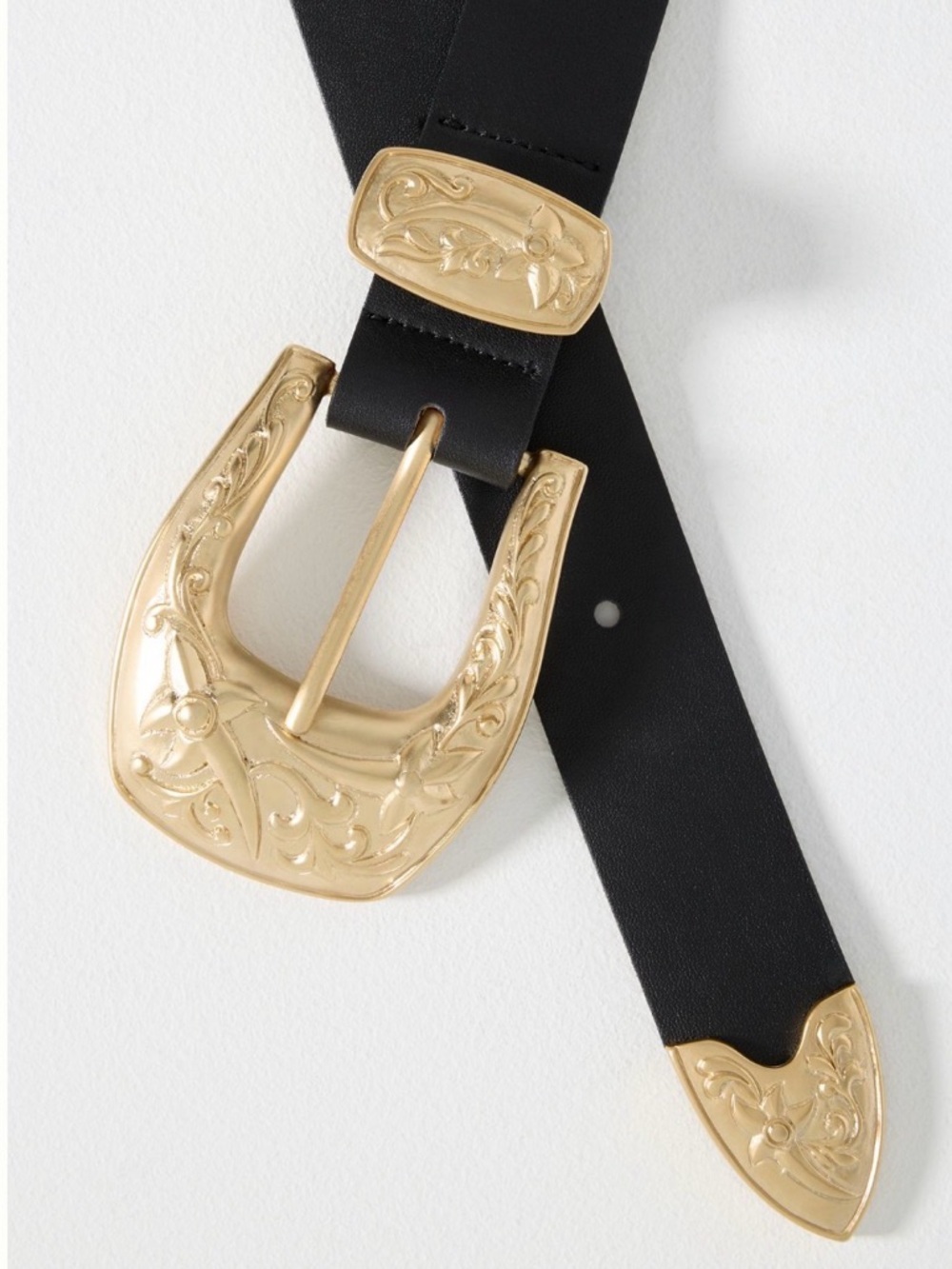 Anthropologie Streets Ahead Big Buckle Western Belt Gold Plated Leather Size XS - Picture 3 of 12